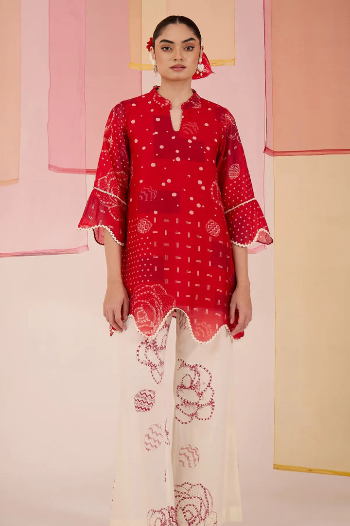 Red Short Scallop Kurta with Wide Leg Pants