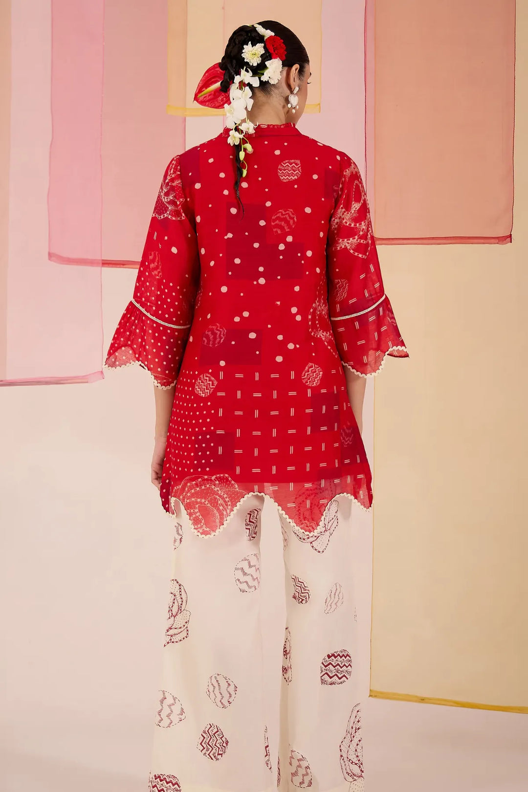 Red Short Scallop Kurta with Wide Leg Pants