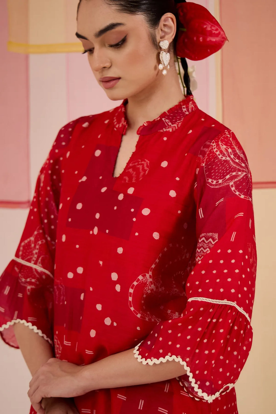 Red Short Scallop Kurta with Wide Leg Pants
