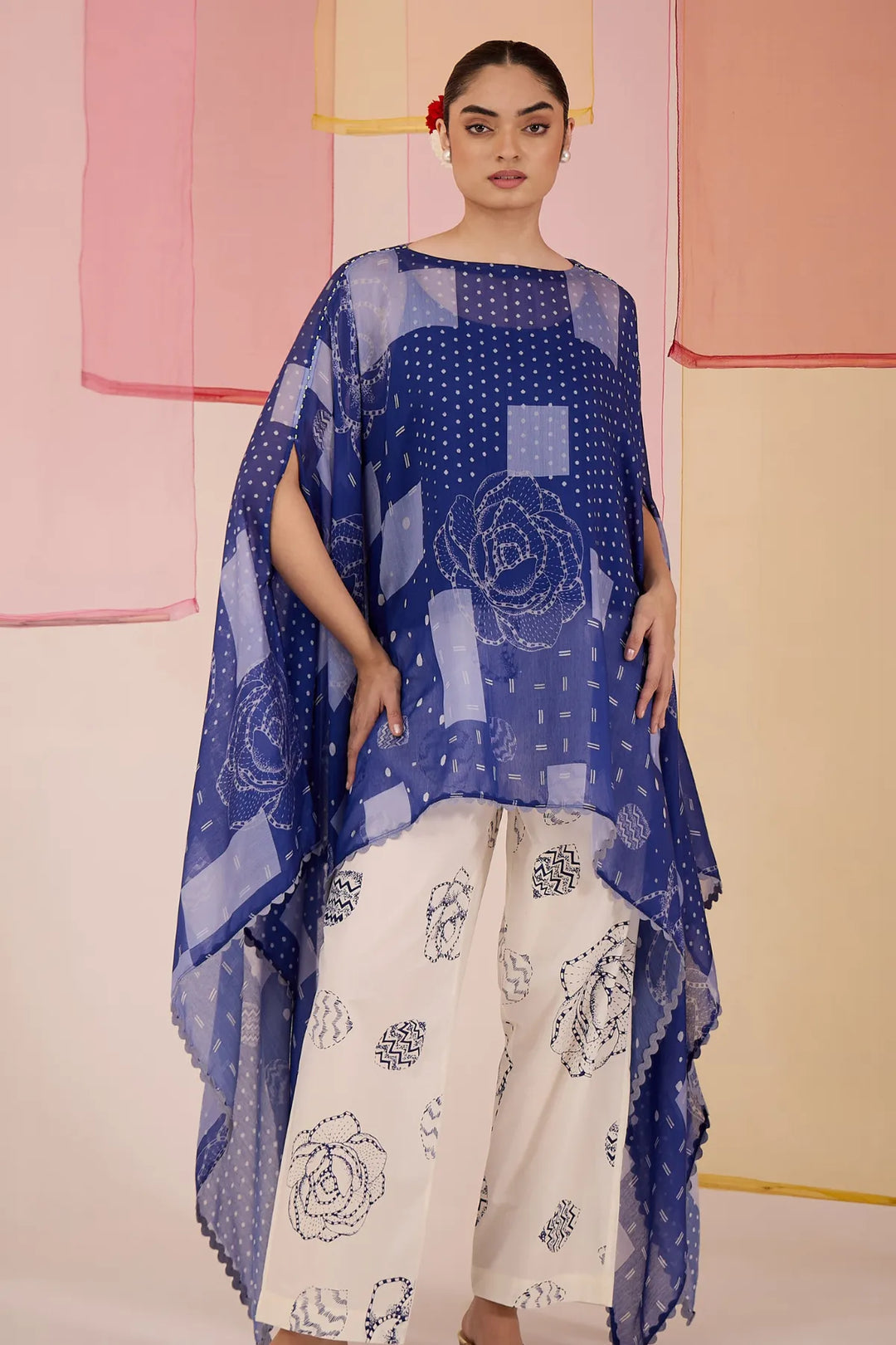 Blue Cotton Silk Cape Set