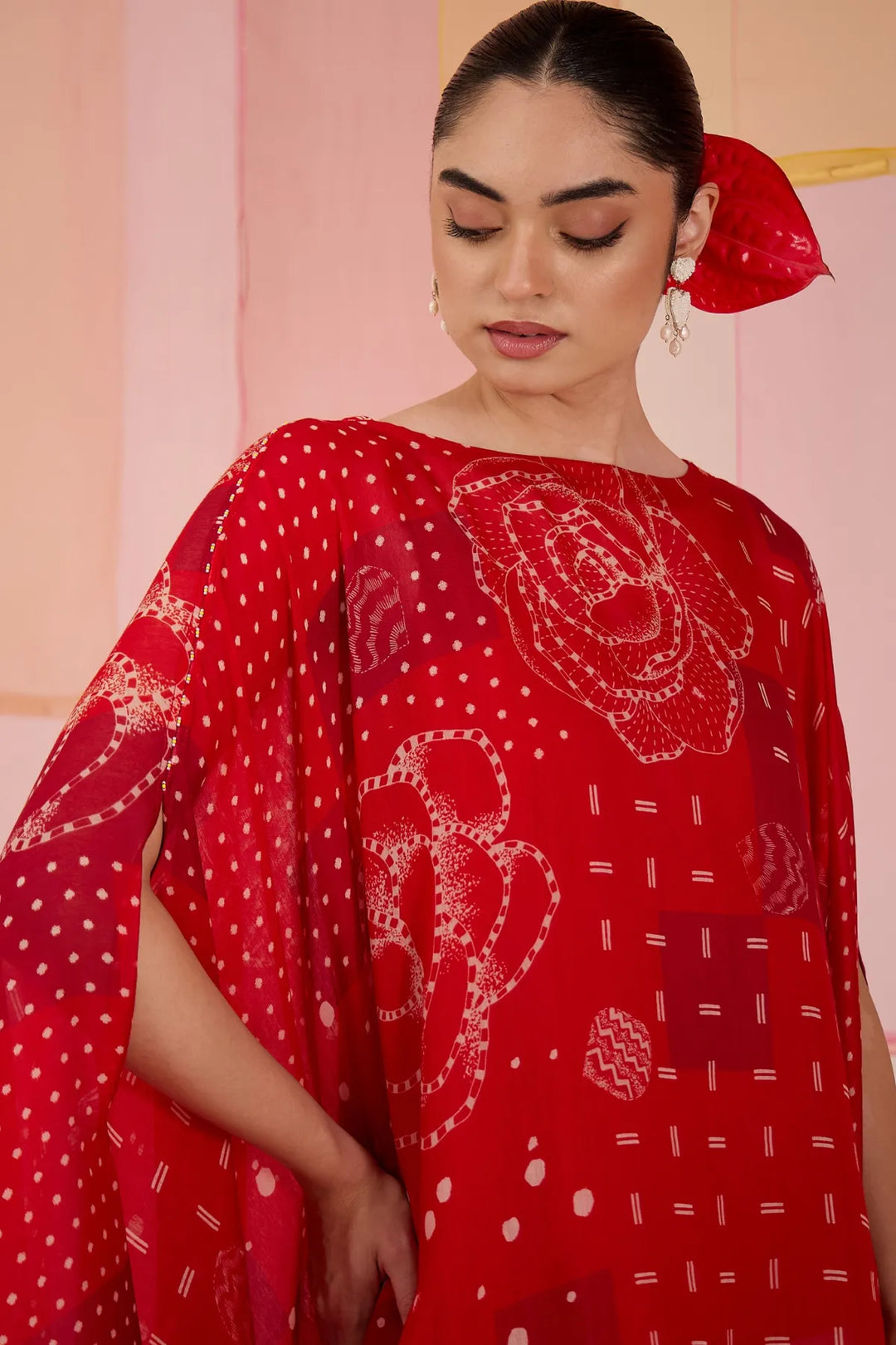 Red Cotton Silk Cape Set