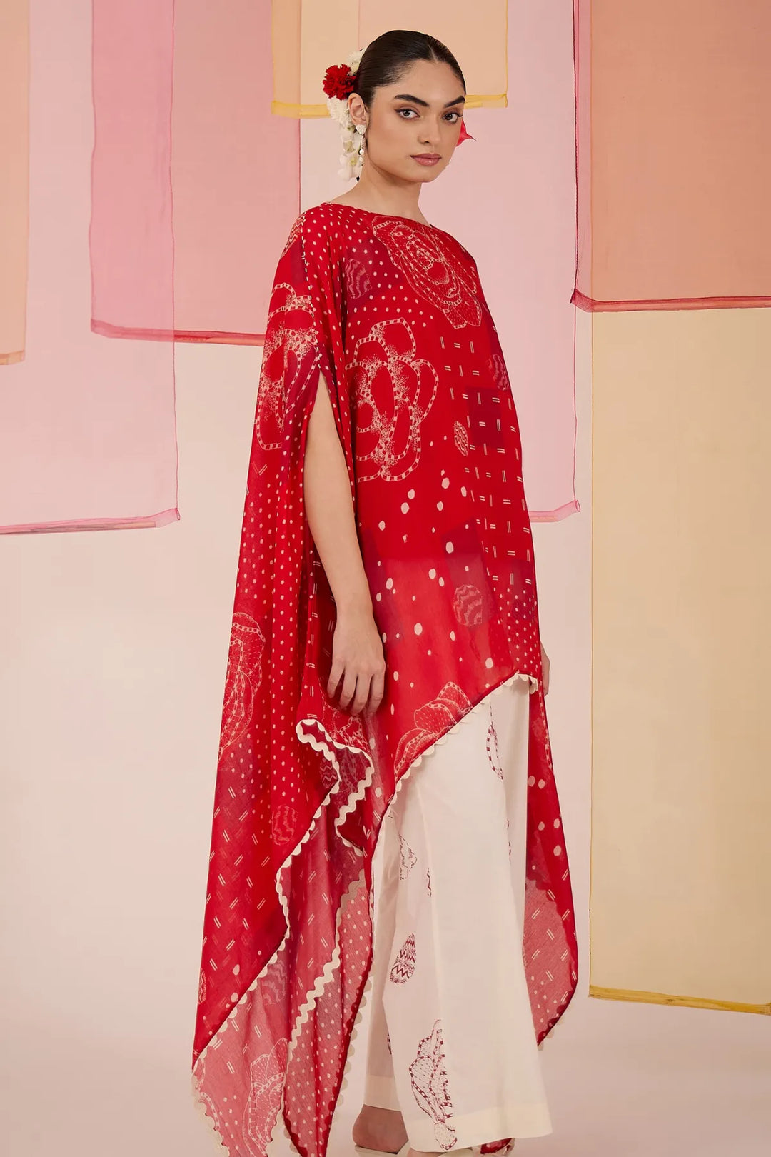 Red Cotton Silk Cape Set