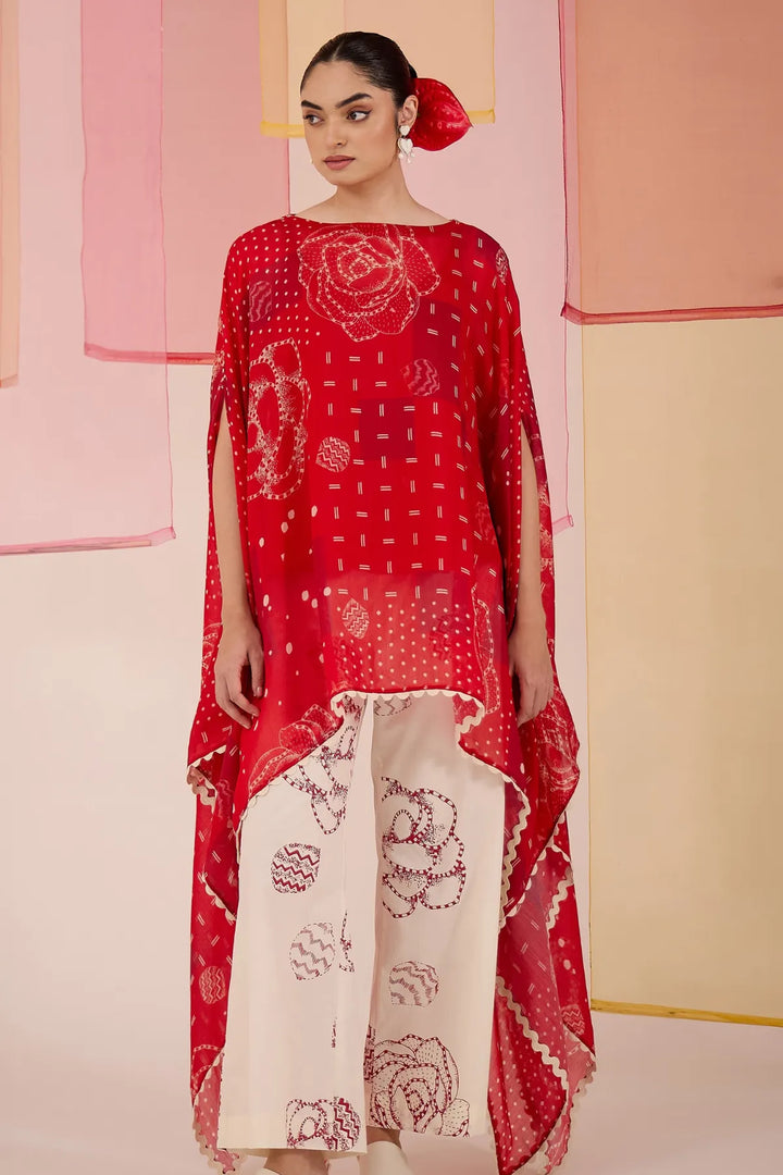 Red Cotton Silk Cape Set