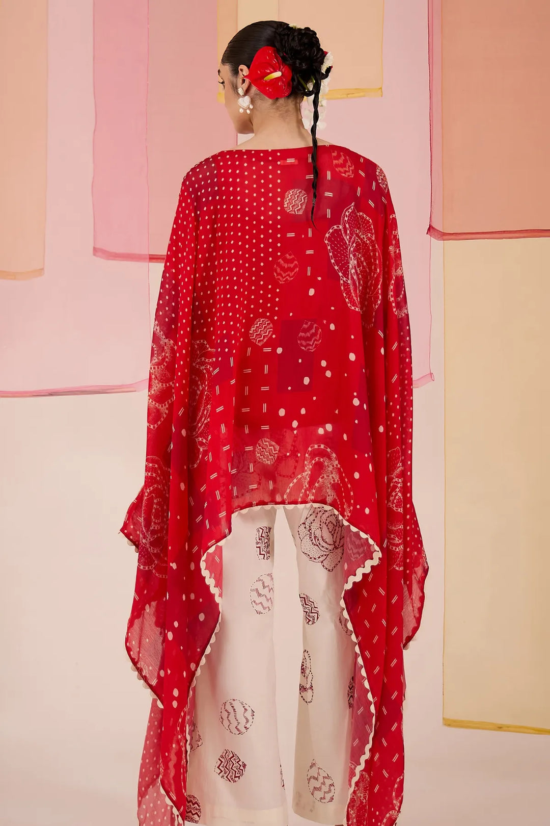 Red Cotton Silk Cape Set