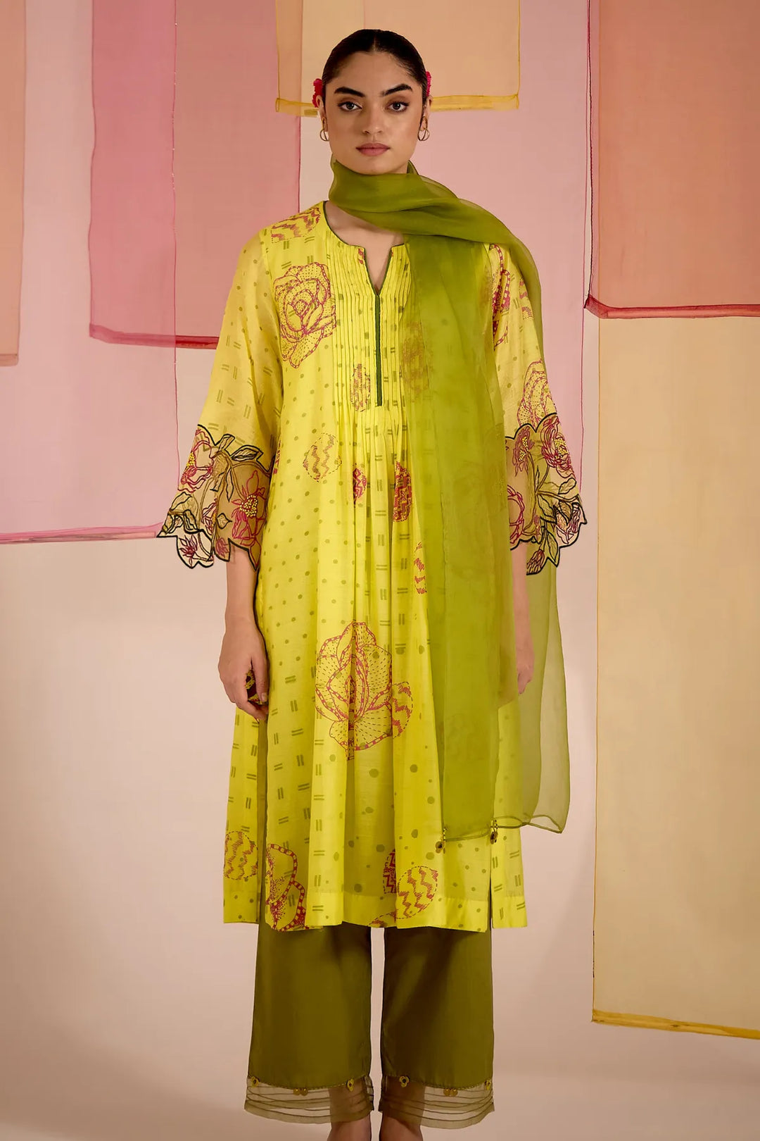Olive Cotton Silk Pintuck Kurta Set