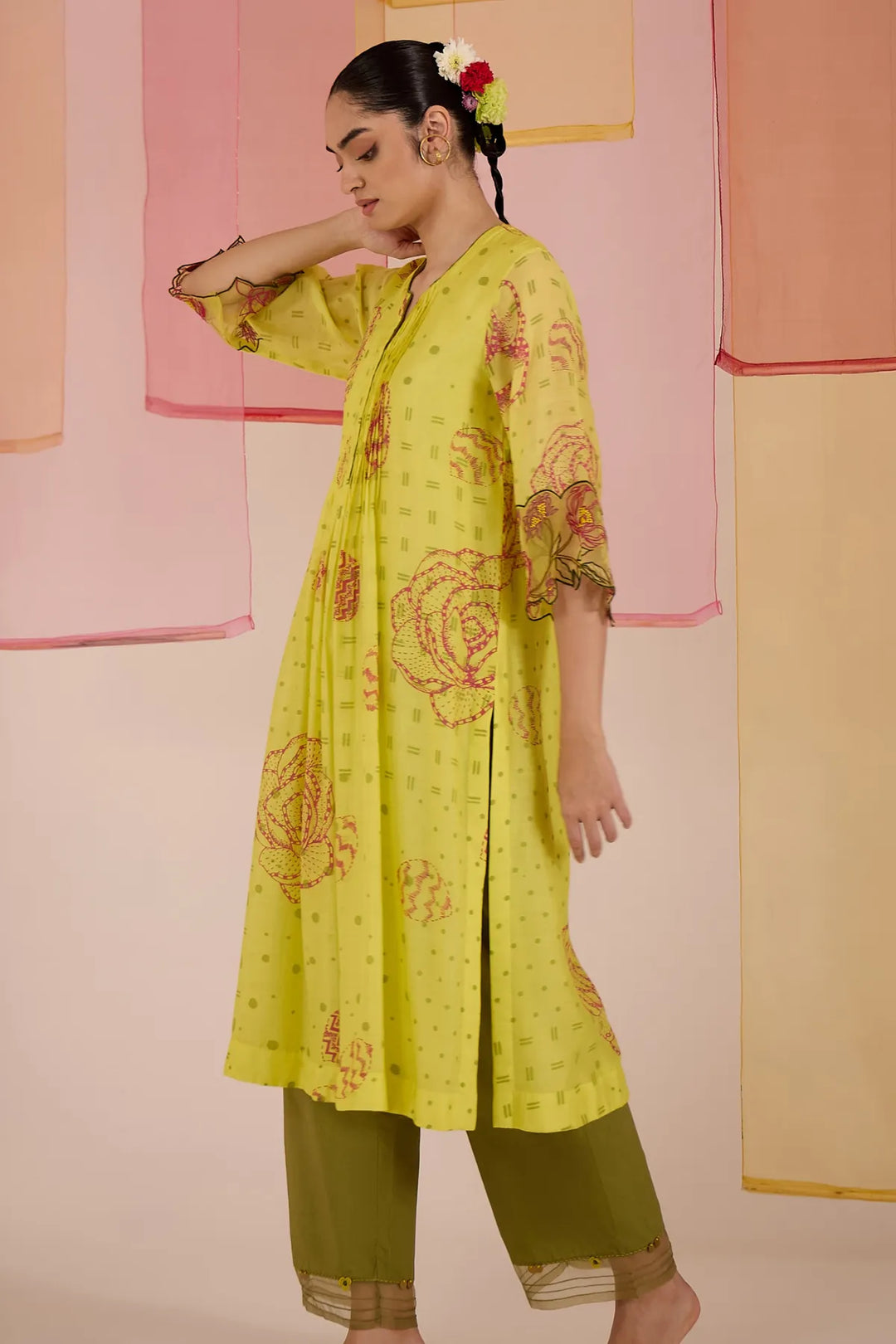 Olive Cotton Silk Pintuck Kurta Set