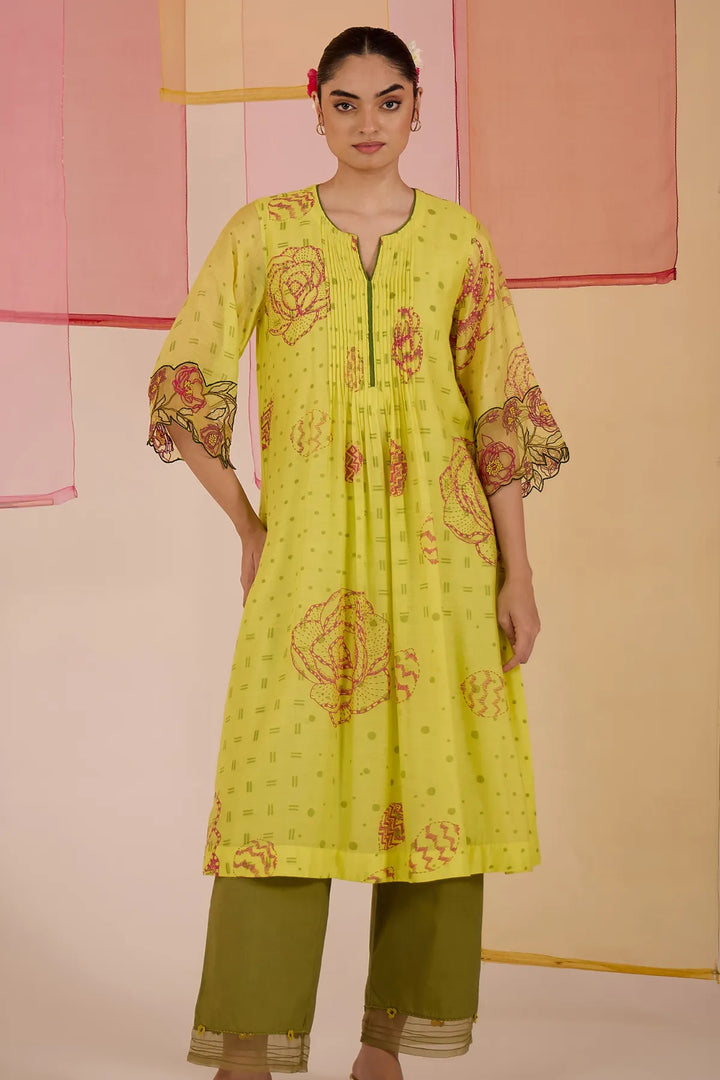 Olive Cotton Silk Pintuck Kurta Set