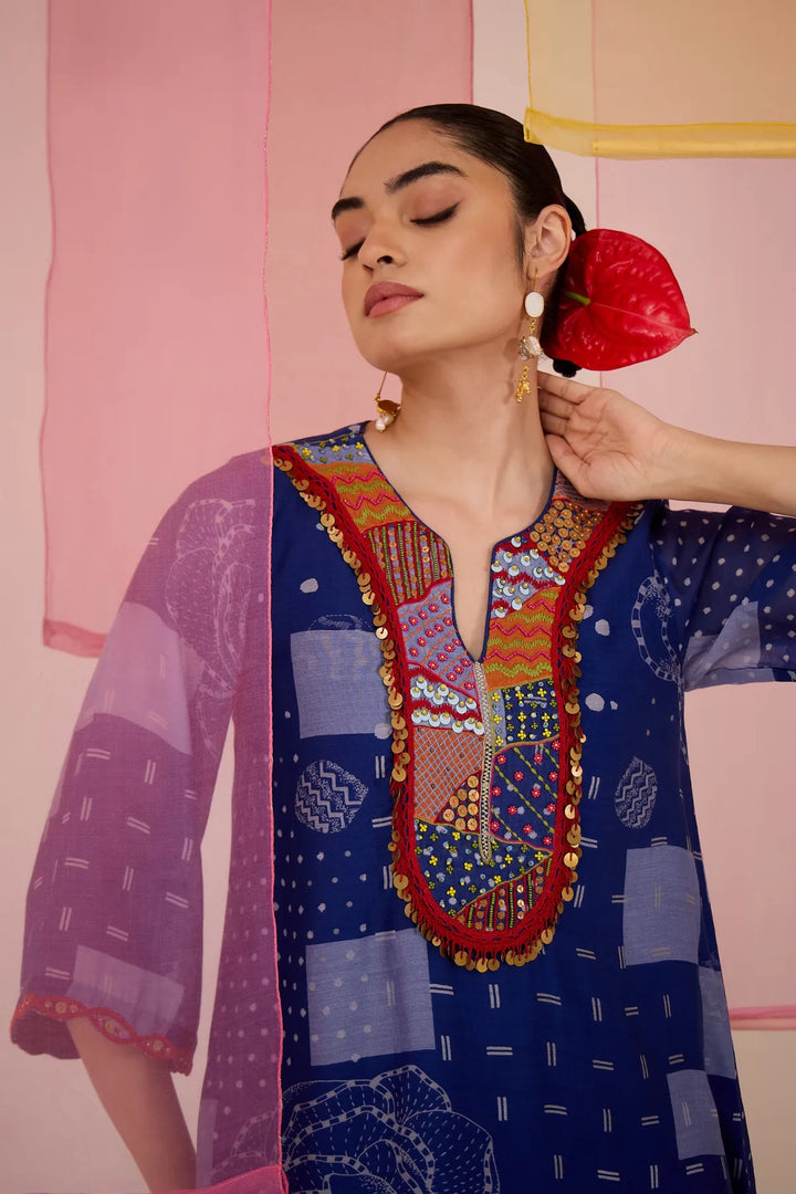 Blue Festive Cotton Silk Kurta Set