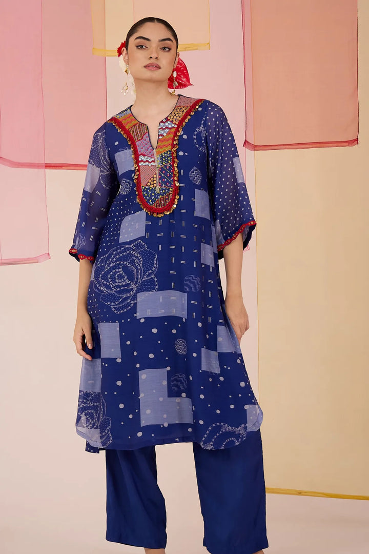 Blue Festive Cotton Silk Kurta Set