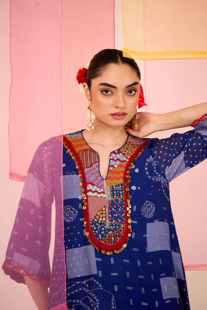 Blue Festive Cotton Silk Kurta with Farshi Salwar