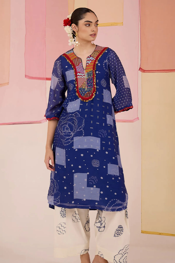 Blue Festive Cotton Silk Kurta with Farshi Salwar