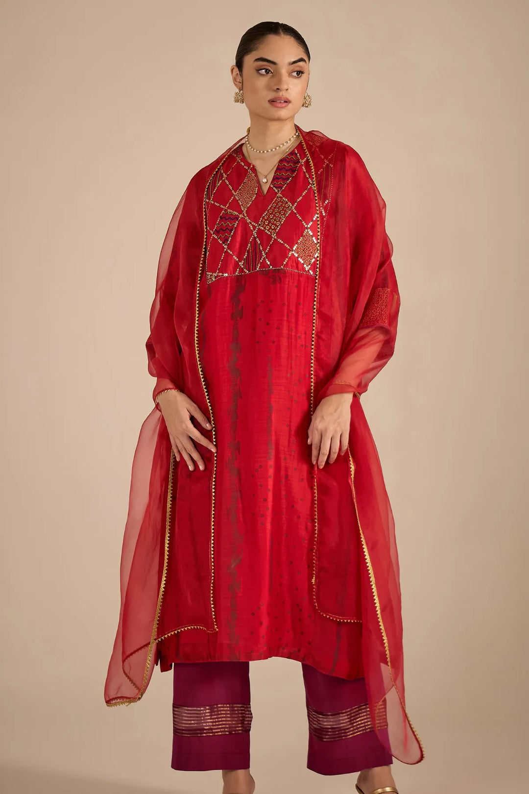 Red Cotton Silk Big Yok Kurta Set