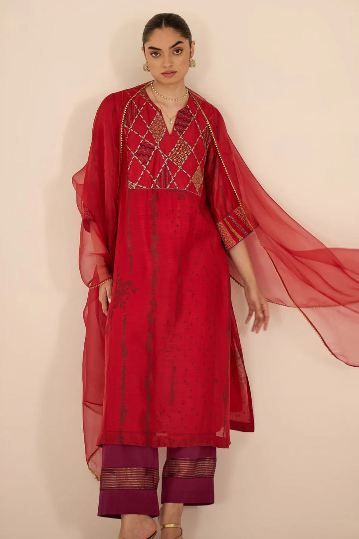 Red Cotton Silk Big Yok Kurta Set