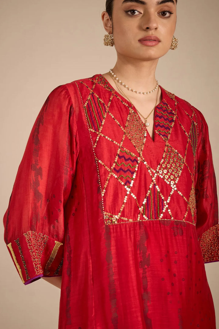 Red Cotton Silk Big Yok Kurta Set