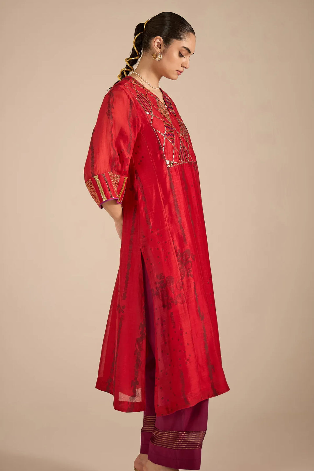 Red Cotton Silk Big Yok Kurta Set