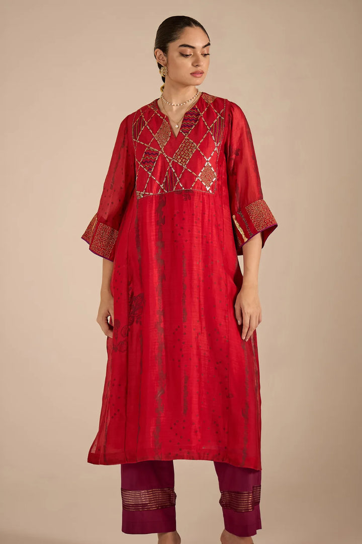 Red Cotton Silk Big Yok Kurta Set