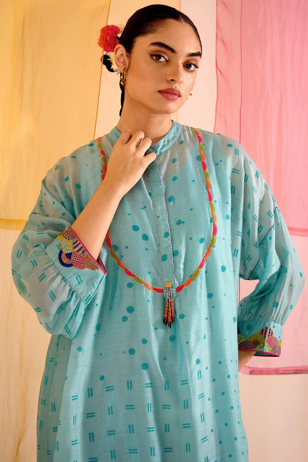 Turq Cotton Silk Multicolour Yok Kimono Set