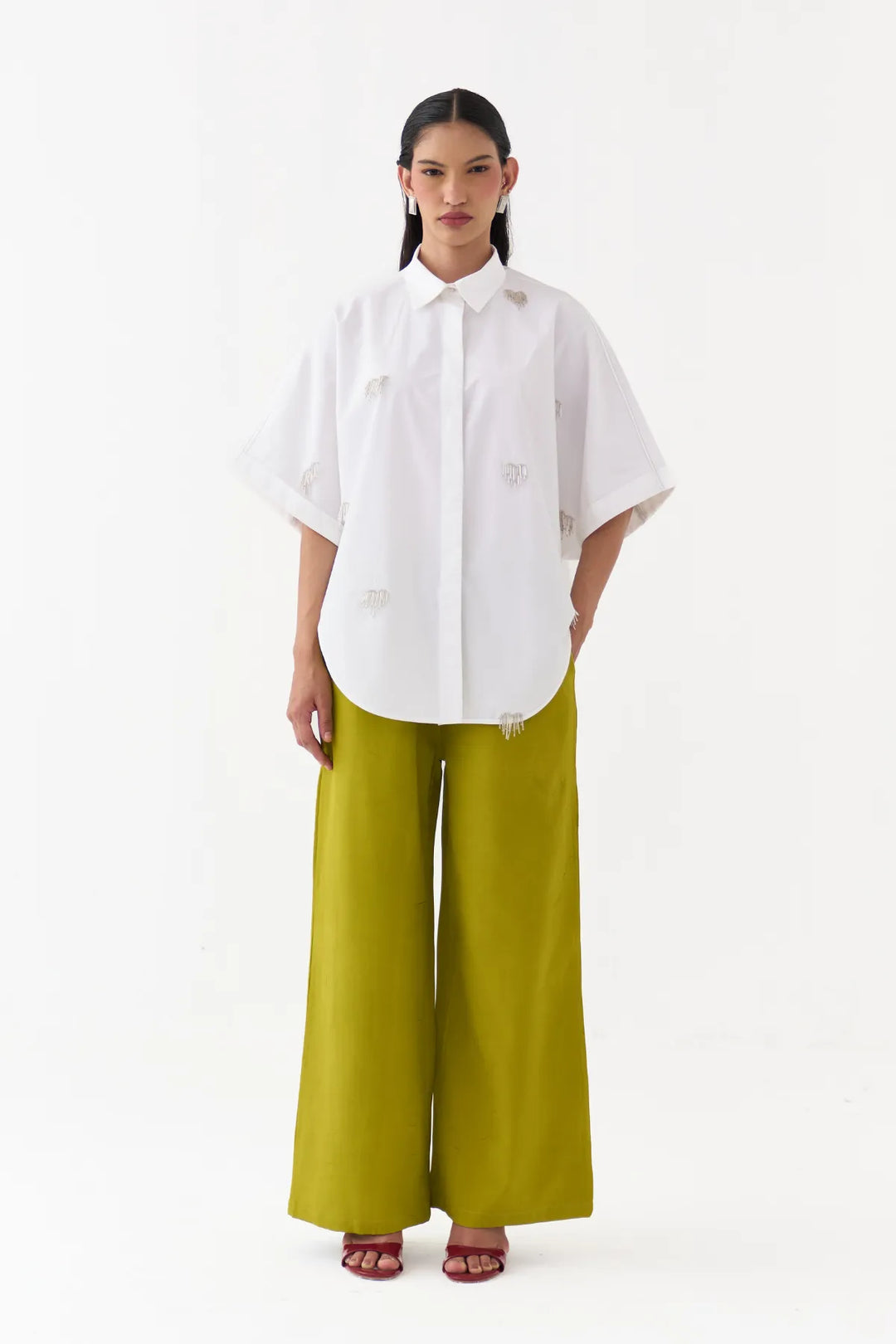 Hand Emb. Detail U-Hem Shirt Co-ord
