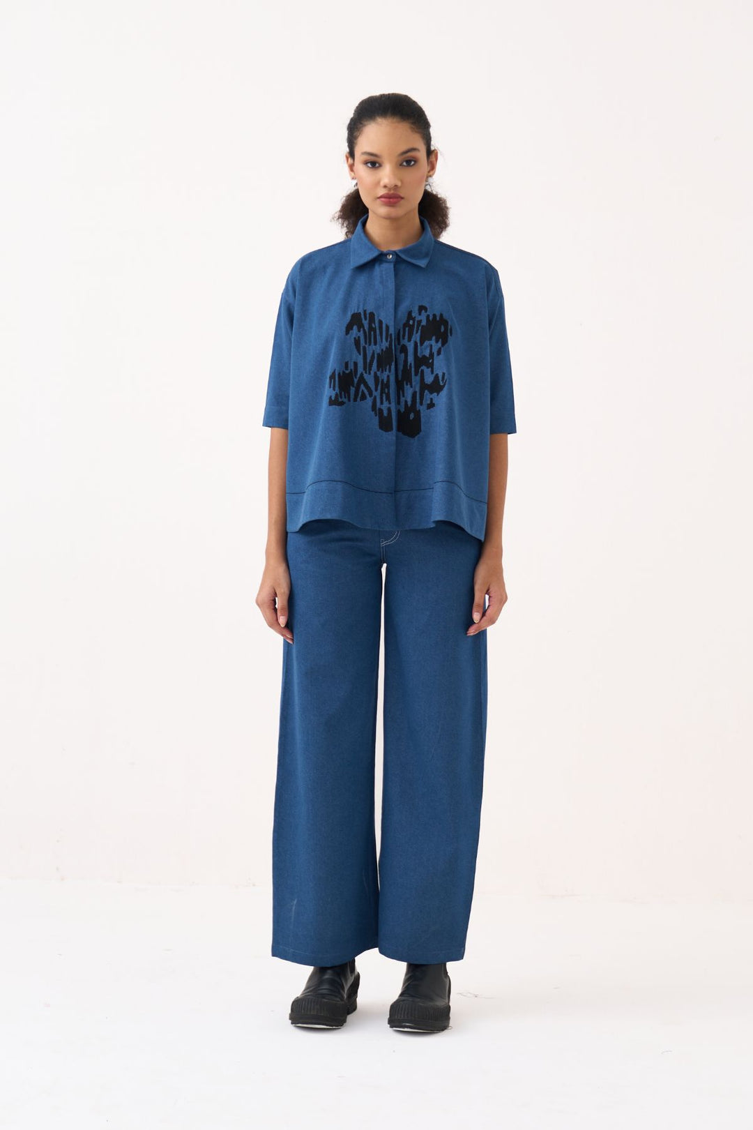 Floral Emb. Denim Shirt Co-ord (Set Of 2)