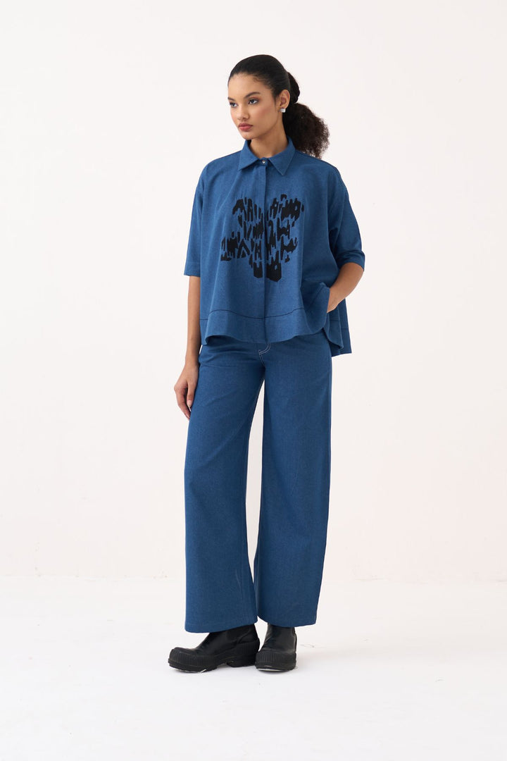 Floral Emb. Denim Shirt Co-ord (Set Of 2)