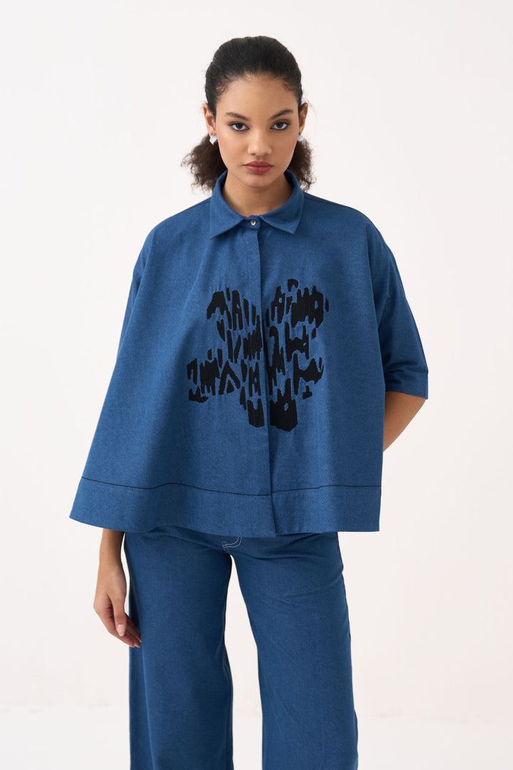 Floral Emb. Denim Shirt Co-ord (Set Of 2)