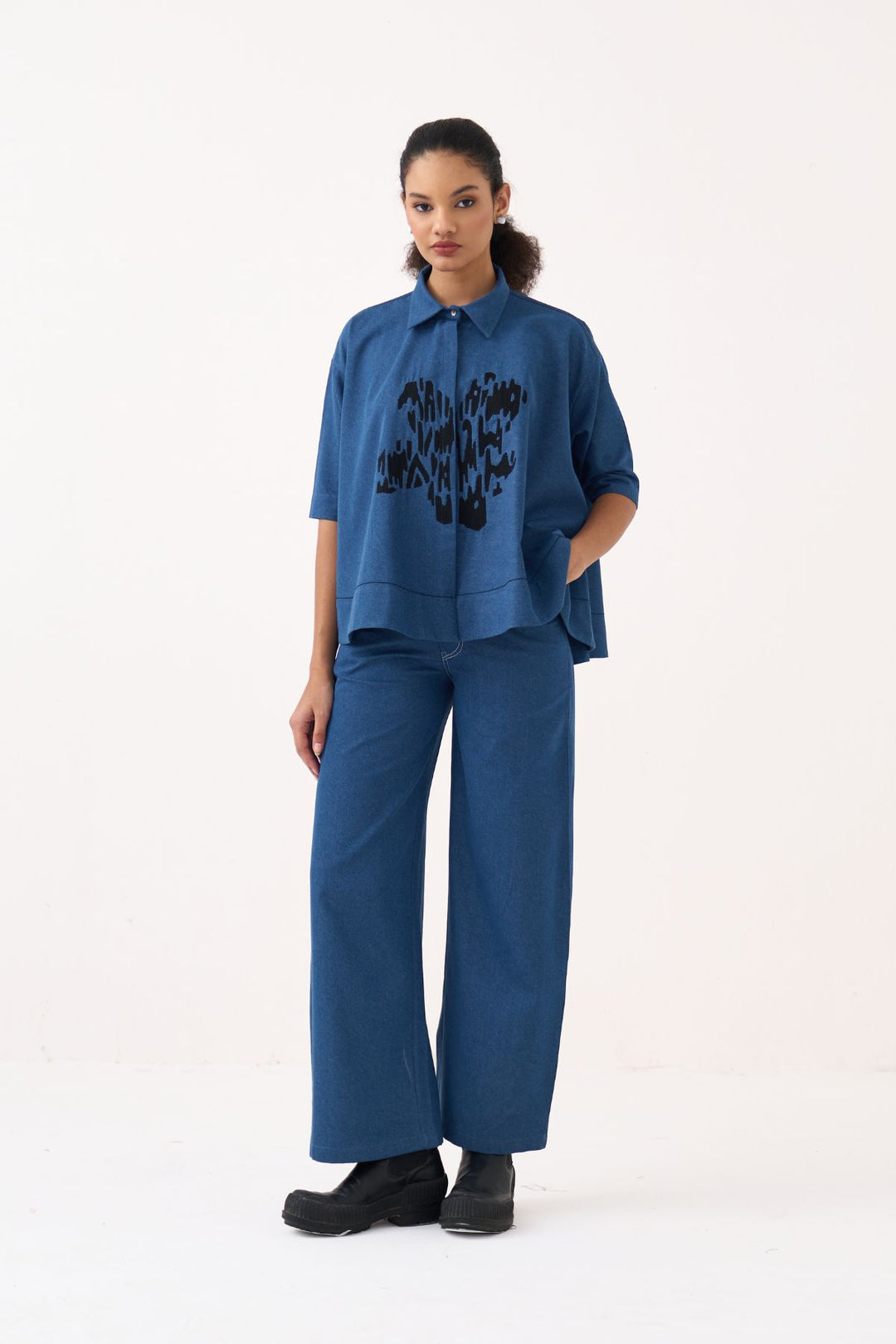 Floral Emb. Denim Shirt Co-ord (Set Of 2)