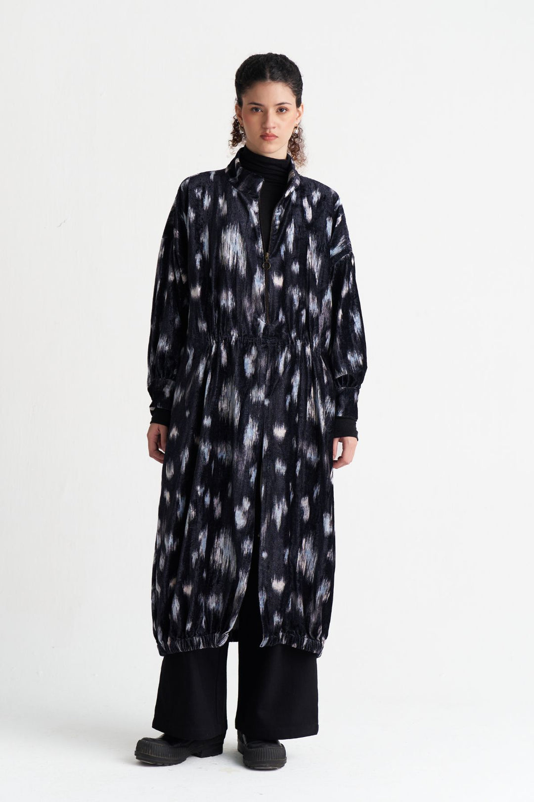 Ikat Print Velvet Drawstring Tunic