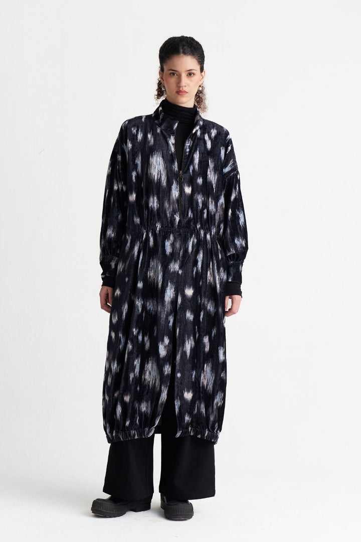 Ikat Print Velvet Drawstring Tunic