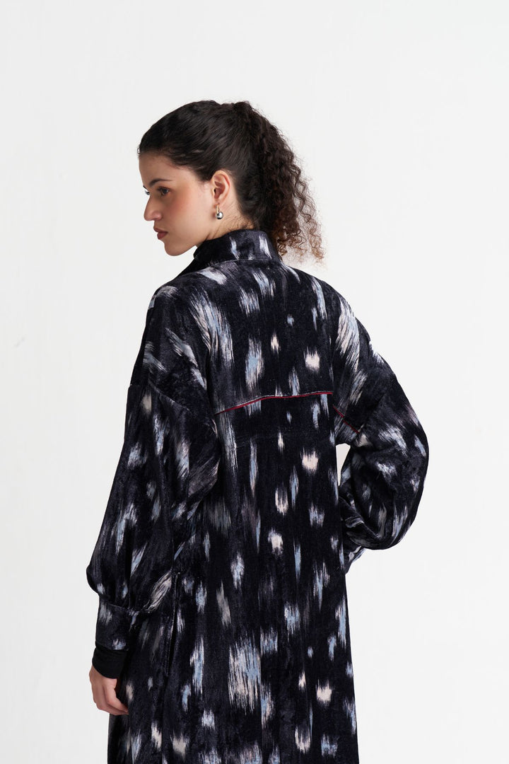 Ikat Print Velvet Drawstring Tunic