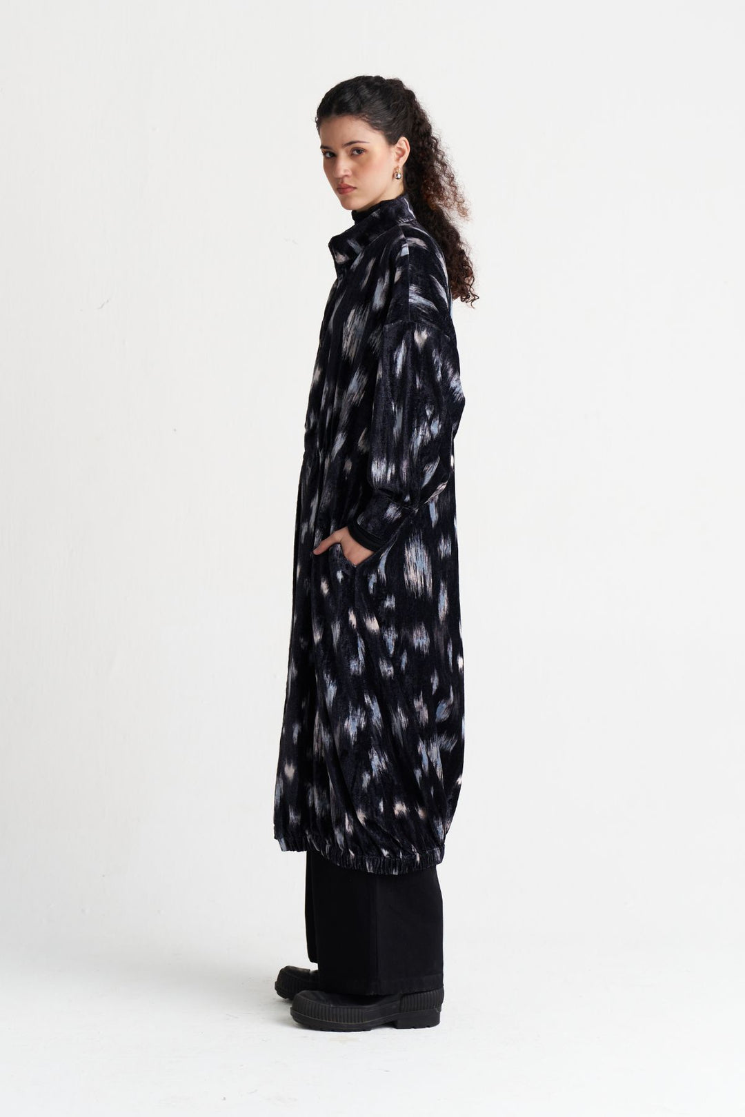 Ikat Print Velvet Drawstring Tunic