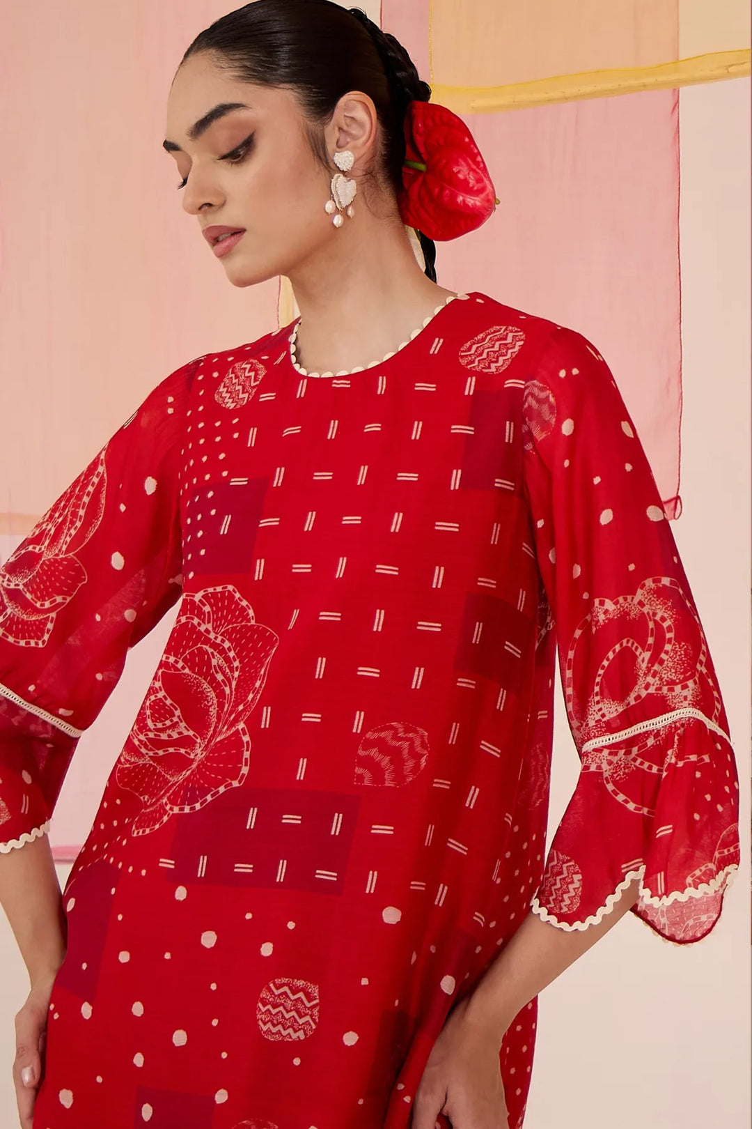 Red Cotton Silk Long Scallop Kurta Set