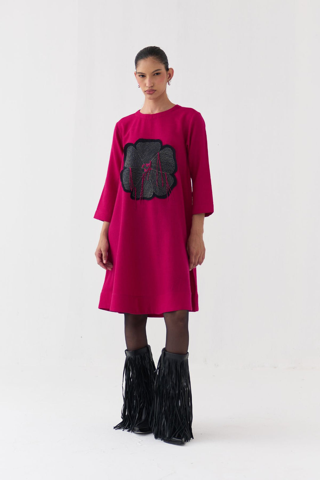 Floral Applique Woollen Dress