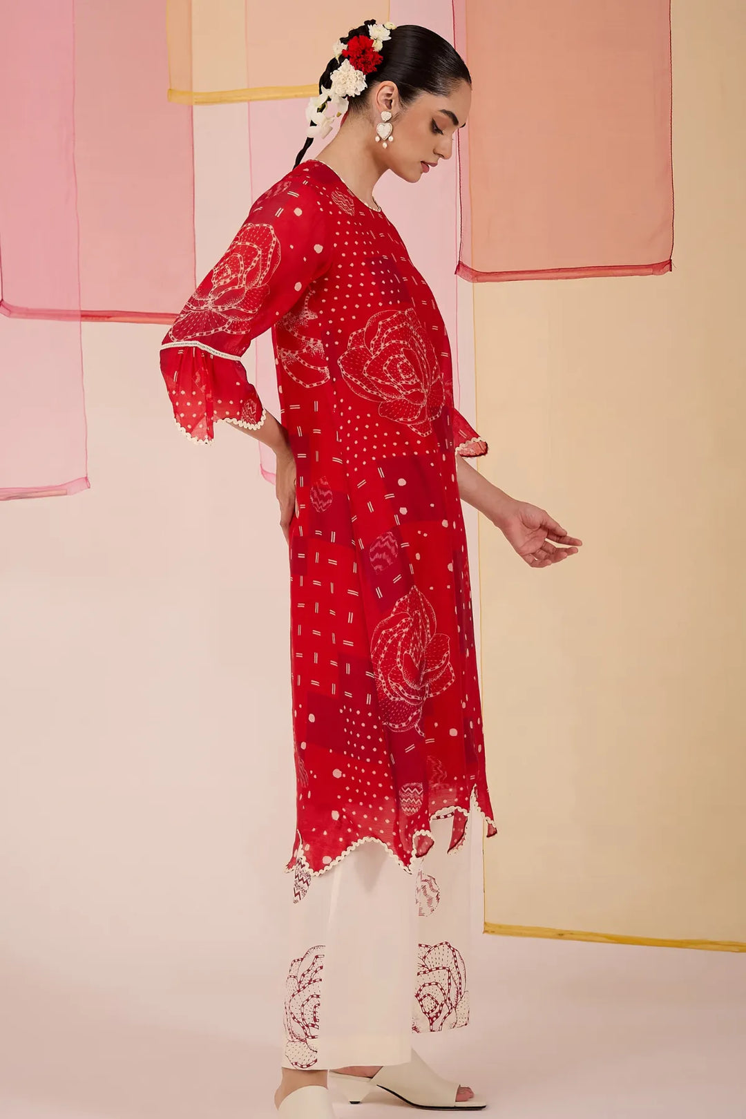 Red Cotton Silk Long Scallop Kurta Set