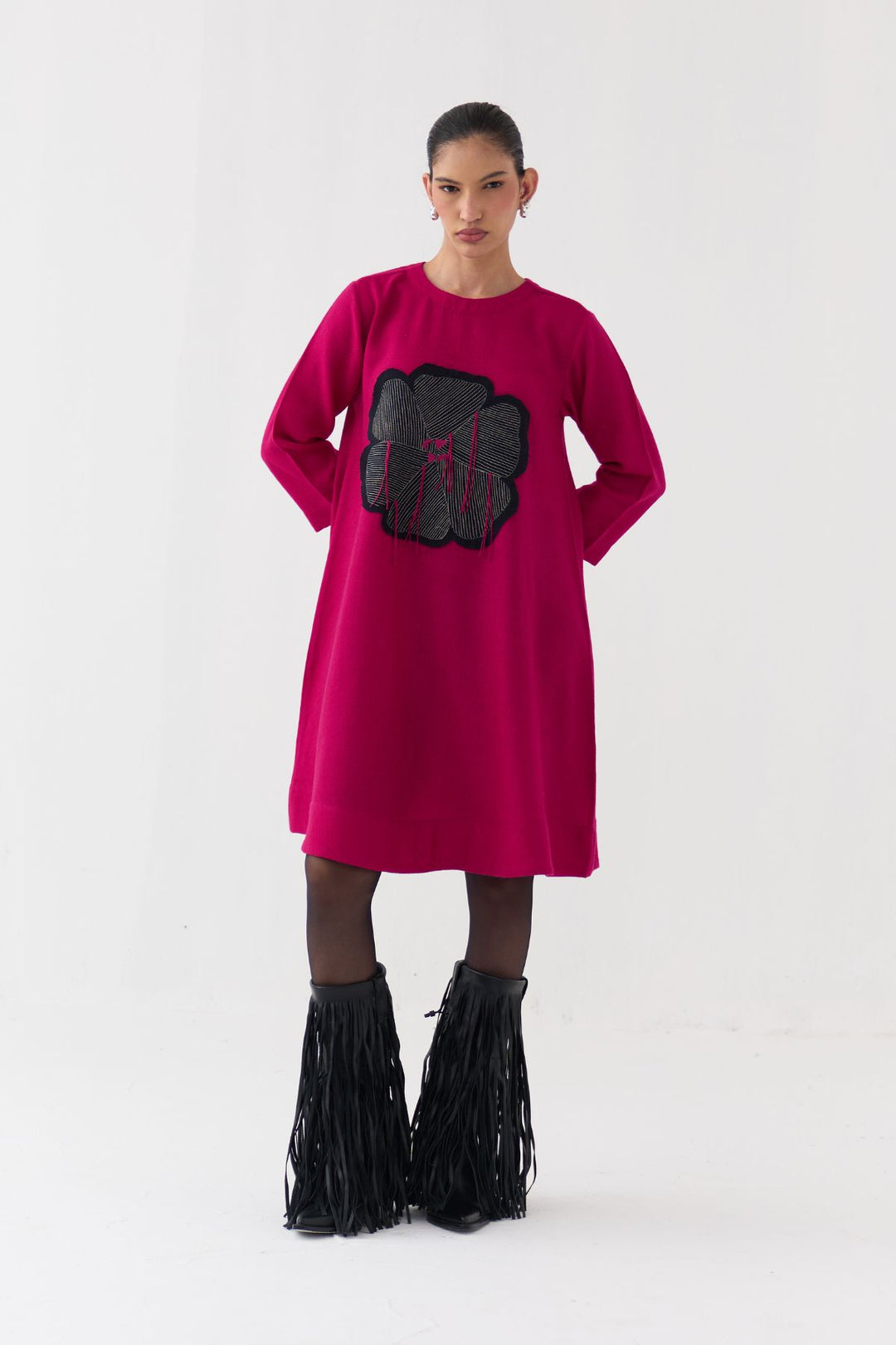 Floral Applique Woollen Dress