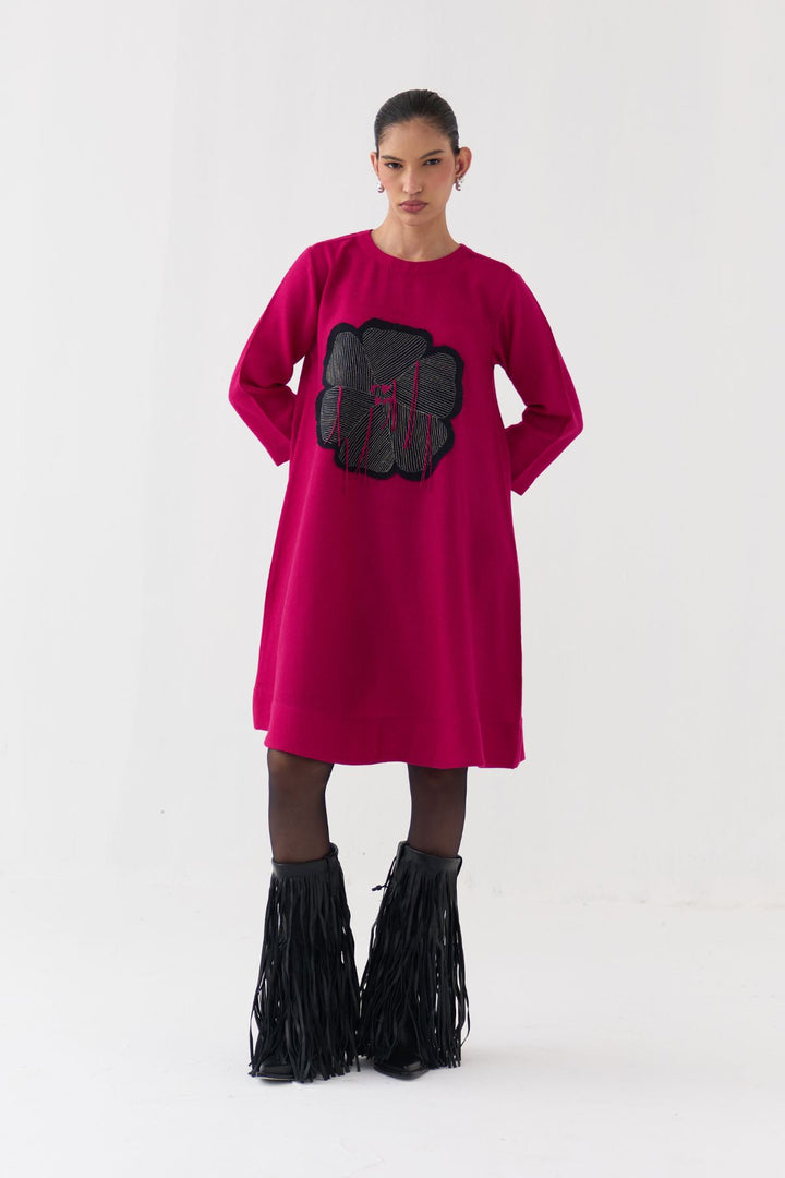 Floral Applique Woollen Dress