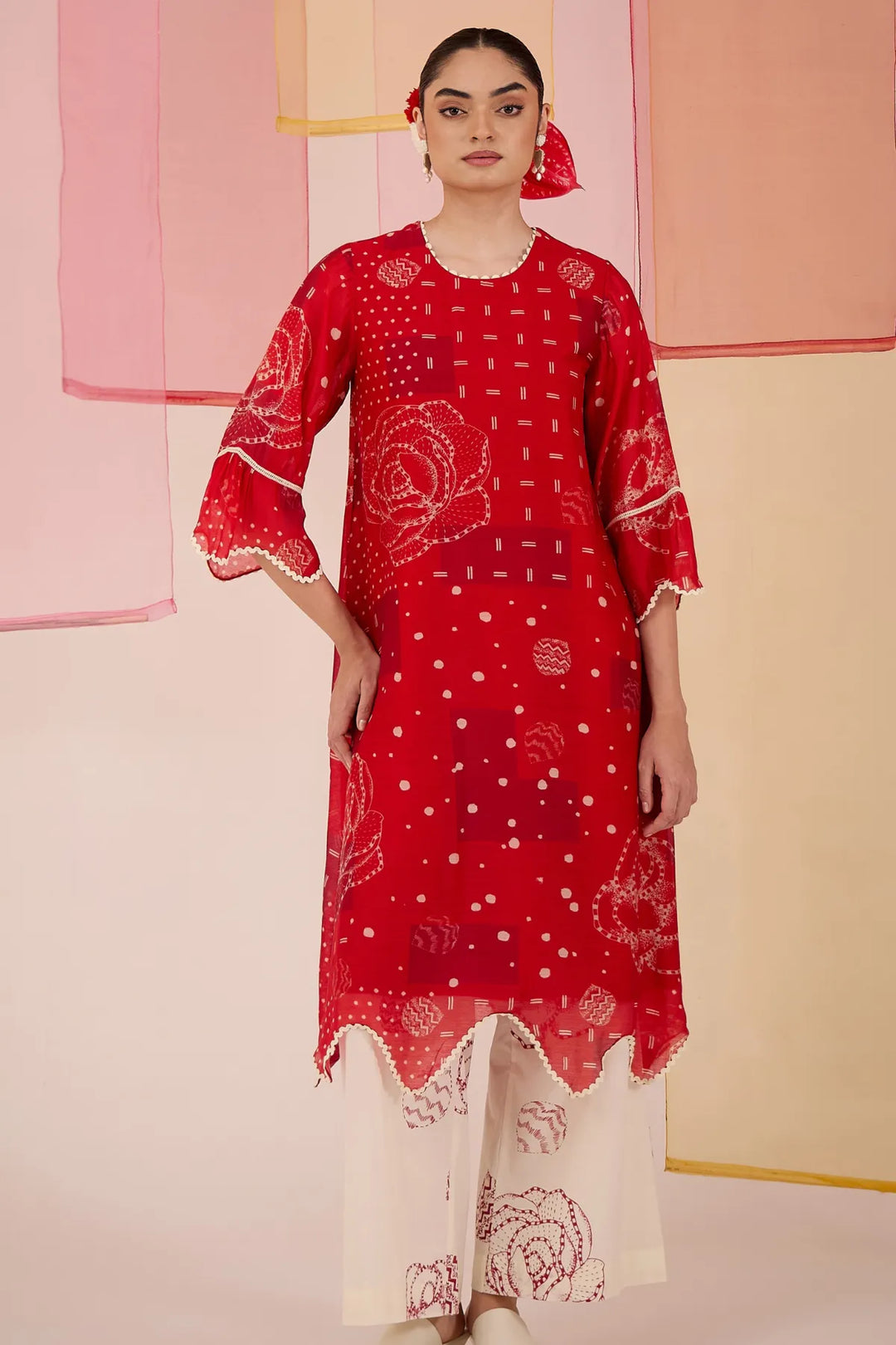 Red Cotton Silk Long Scallop Kurta Set