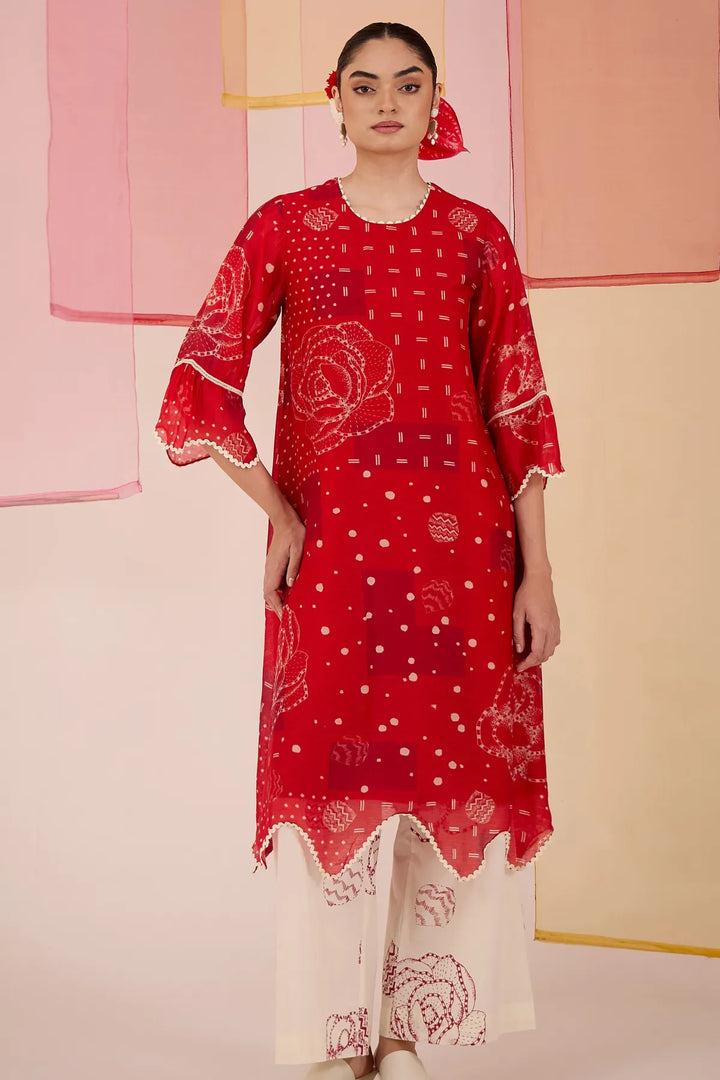 Red Cotton Silk Long Scallop Kurta Set