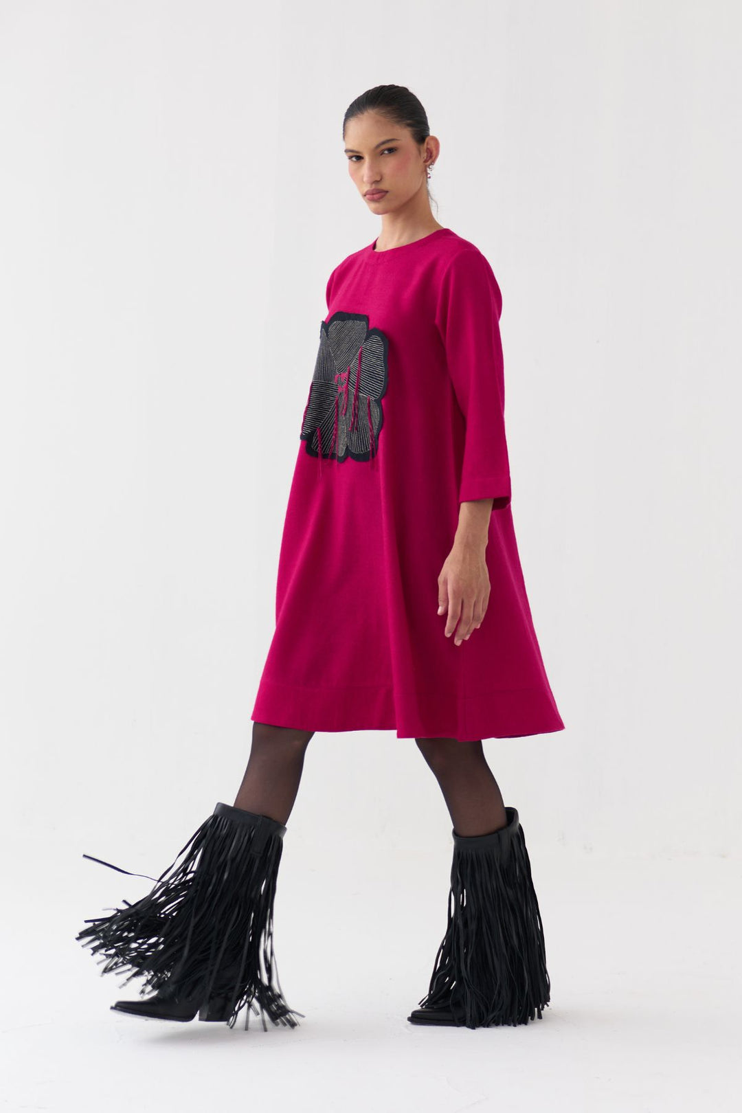 Floral Applique Woollen Dress