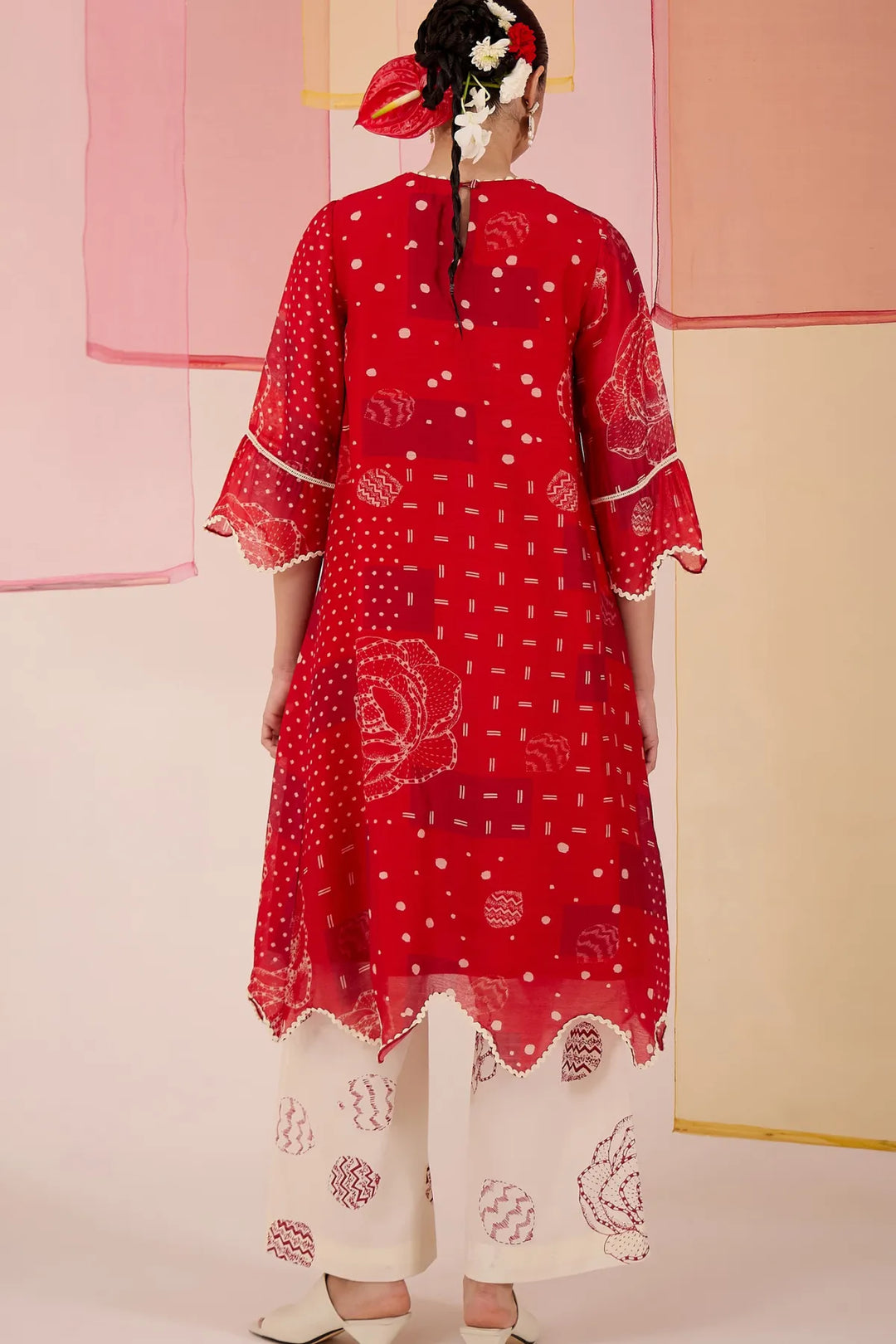 Red Cotton Silk Long Scallop Kurta Set