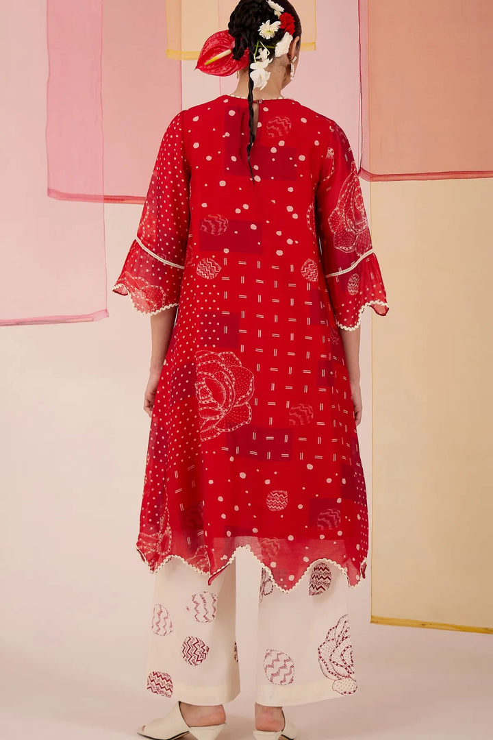 Red Cotton Silk Long Scallop Kurta Set