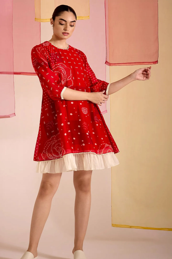 Red Cotton Silk Short Frill Dress