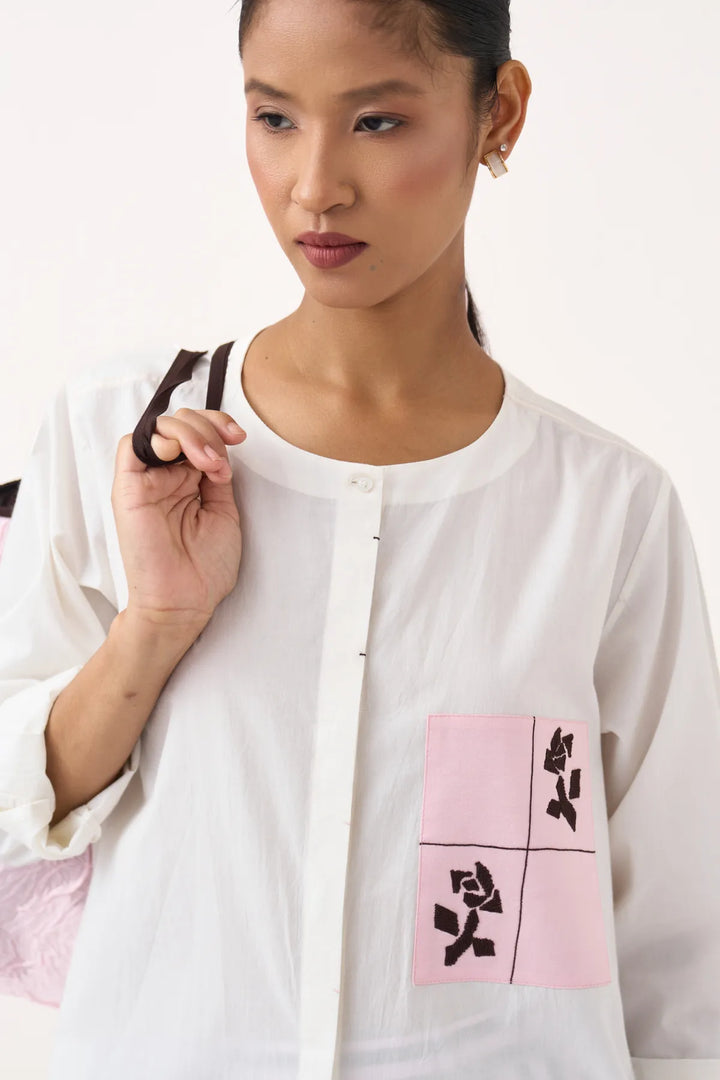 Emb. Patch Asymmetric Hem Shirt Co-ord