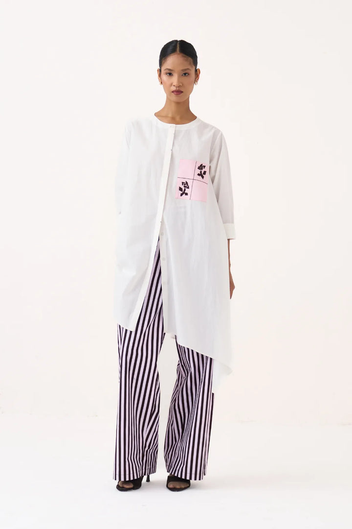 Emb. Patch Asymmetric Hem Shirt Co-ord