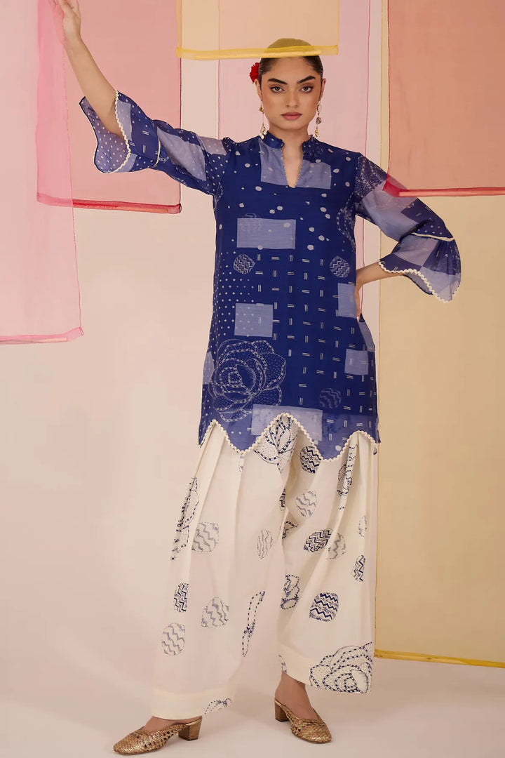 Blue Short Scallop Kurta with Farshi Salwar