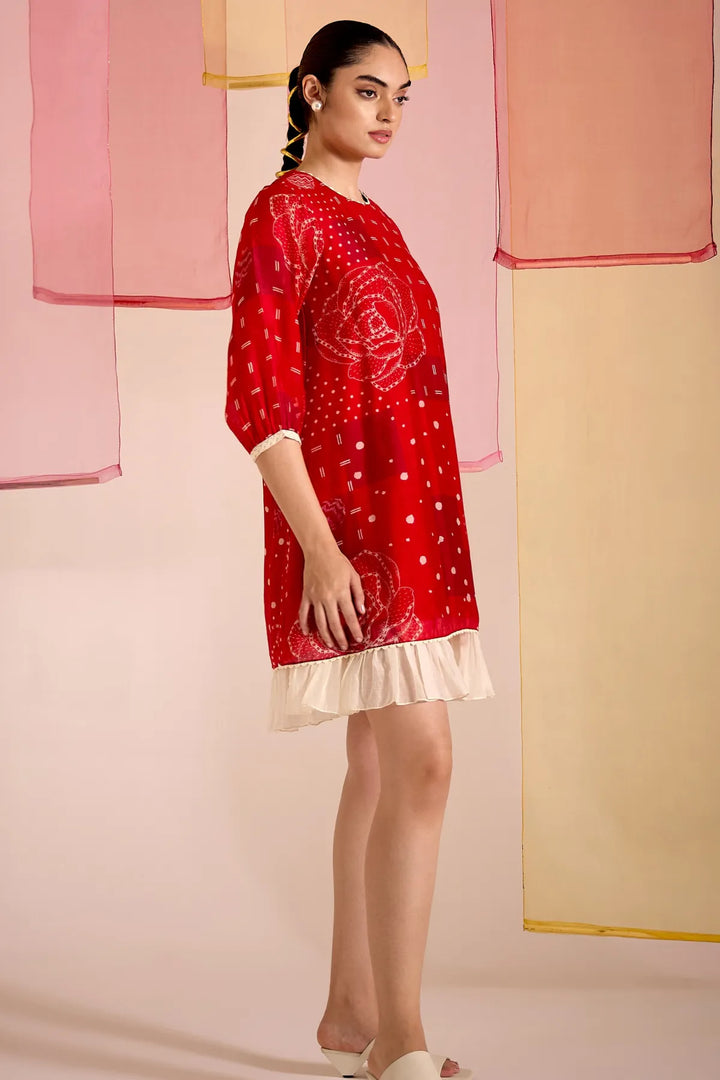 Red Cotton Silk Short Frill Dress