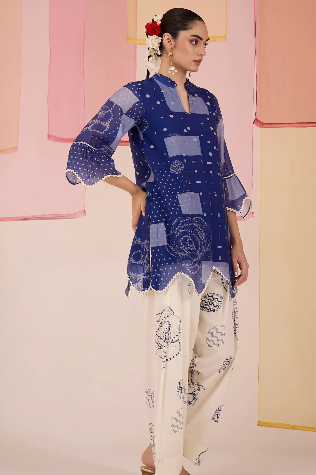 Blue Short Scallop Kurta with Farshi Salwar