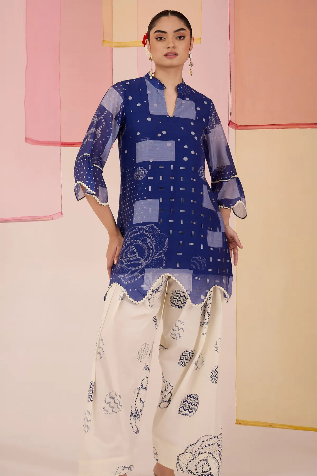 Blue Short Scallop Kurta with Farshi Salwar