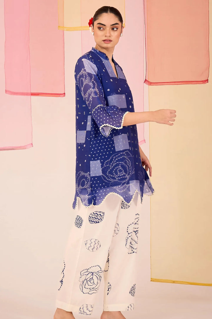 Blue Short Scallop Kurta with Farshi Salwar