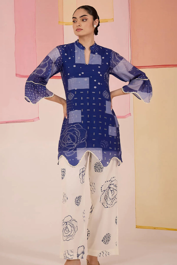 Blue Short Scallop Kurta with Farshi Salwar