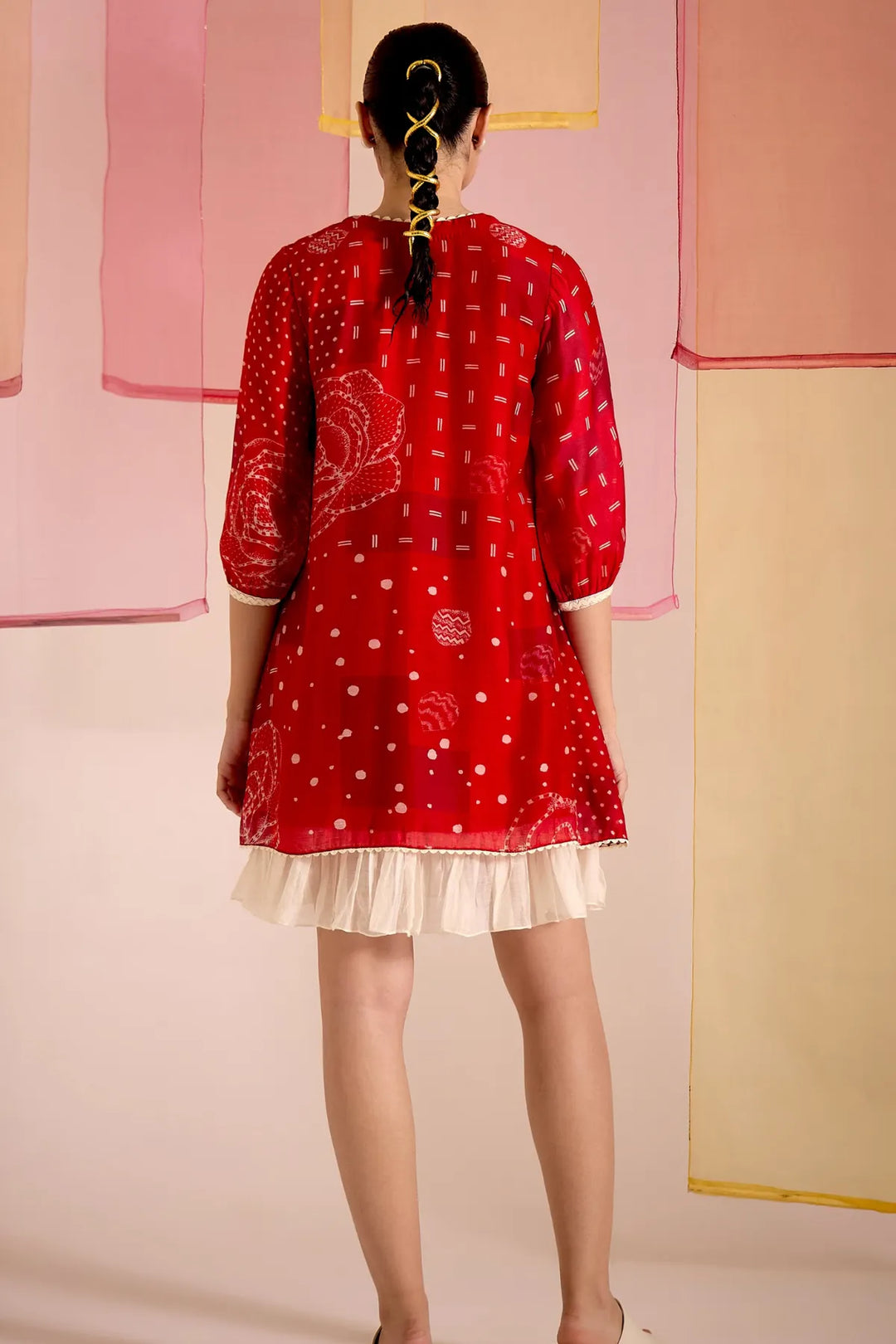Red Cotton Silk Short Frill Dress